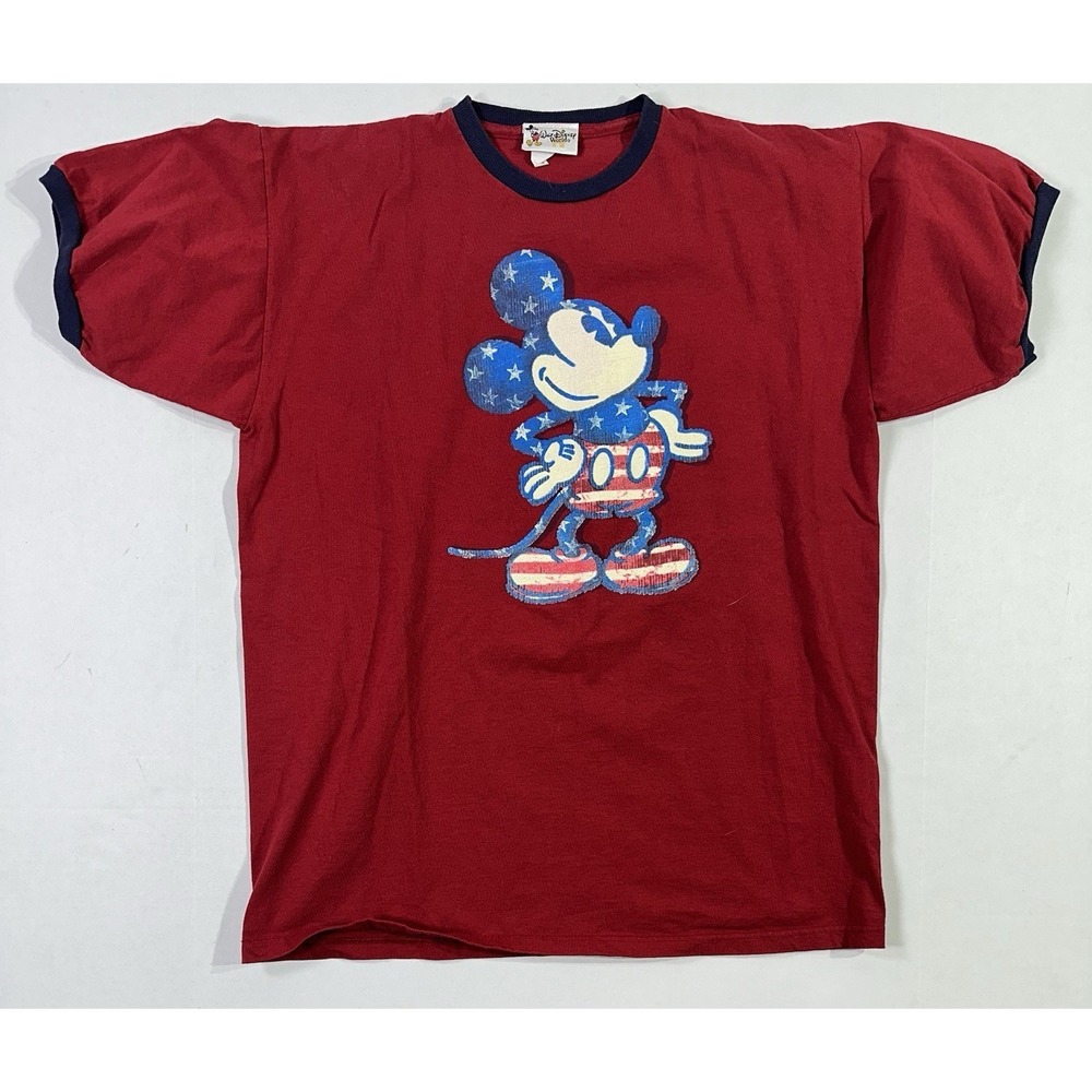 VTG Disney Mickey Mouse USA Flag T-Shirt Red Ringer Walt Disney World L Tee